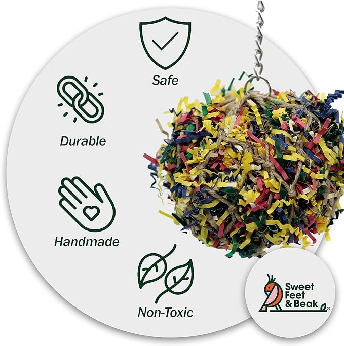 Sweet Feet and Beak Super Shredder Ball - Bird Cage Accessories to Keep Your Bird Busy Foraging for Hidden Treasures - Non-Toxic, Easy to Install Bird Foraging Toys for Large Sized Birds - 7 Inch