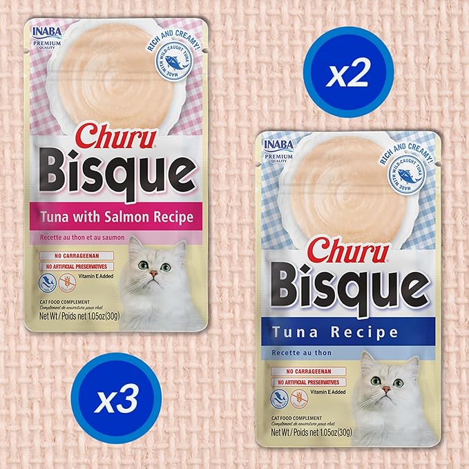 INABA Churu Bisque for Cats, Creamy Lickable Purée Side Dish with Vitamin E, 1 Ounce per Pouch, 15 Pouches, Tuna Variety Pack