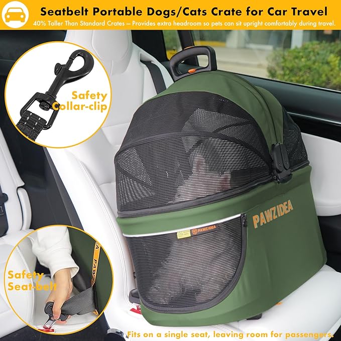 PAWZIDEA Portable Small Dog Crate for Car Travel, Enclosed Pet Car Seat for Small/Medium Dogs Cats up 33lb, Reversible No-Zip Canopy, Soft-Sided Pet Carrier Basket, Collapsible Dog Kennel, Metal Frame