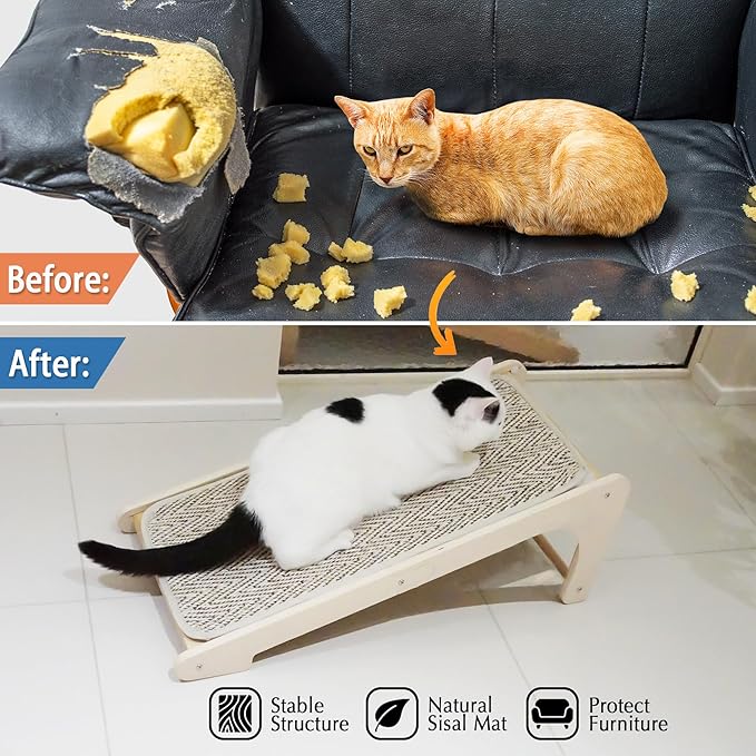 PETKARAY Cat Scratcher, Sisal Cat Scratching Ramp, L Shape Scratch Board for Indoor Kitty, 27" Wall Furniture Protector with Mouse Toy, Chevron