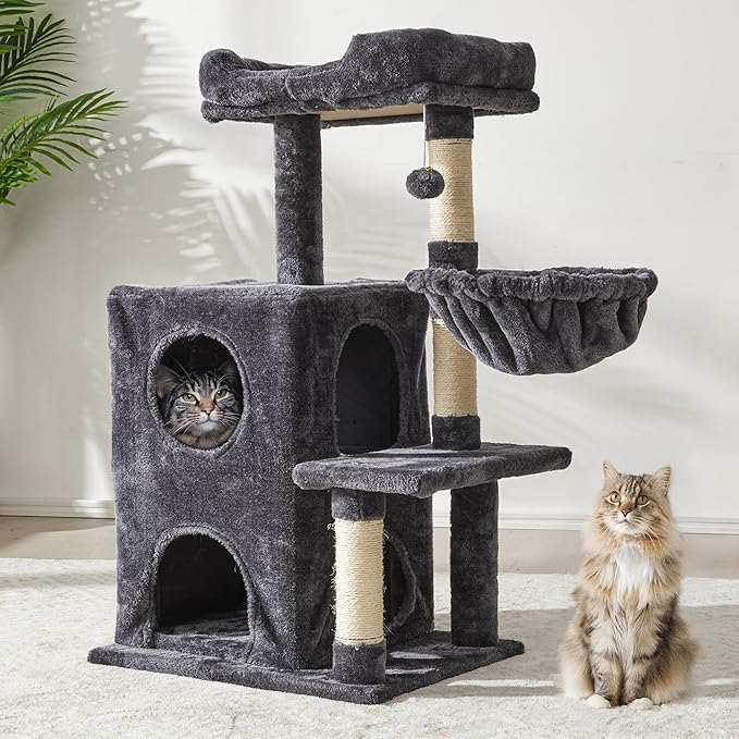 Multi-Level Cat Tree Tower for Large Cats with Scratching Posts, Condos, Perch, Hammocks & Toys, Cat Jungle Gym for Indoor Cats, Ideal for Multi-Cat Households, Dark Grey