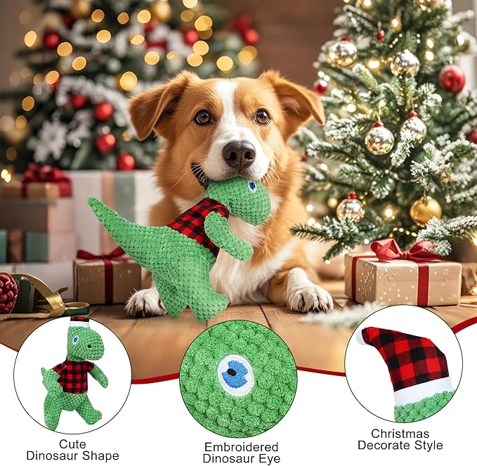 Christmas Dog Toys, Plush Stuffed Green Dinosaur Animals Toy, Squeaky Dog for Small, Medium, and Large Dogs, Interactive Dog Toys for Tug-of-War