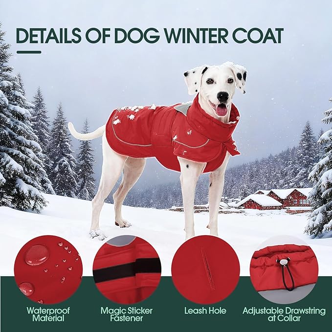 Kuoser Dog Winter Coat, Dog Jackets for Large Dogs, Winter Waterproof Big Doggie Coat, Reflective Dogs Cold Weather Coats, Windproof Turtleneck Pet Puffer Jacket Snowsuit Clothes with Harness Hole