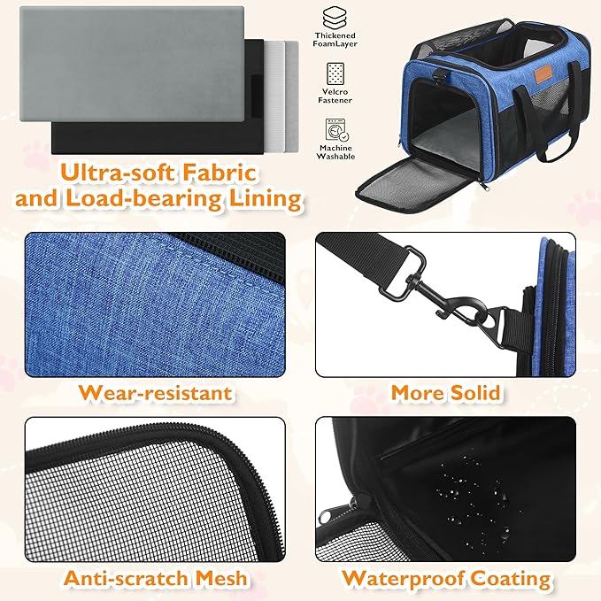 PETUX TSA Approved Pet Carrier in Cabin - 17"x11"x9.5", Underseat, Soft Sided Cat Carriers with Safety Zippers and Anti-Scratch Mesh for Small Cat up to 12 lb, Ideal for Travel and Vet Visit, Blue