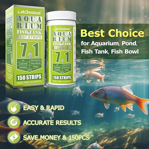 Aquarium Test Strips - Aquarium Water Test Kit - 150 Fish Tank Testing Strips for Freshwater - Pond Water Tester Kits - Rapid Accurate Easy to Test pH, Carbonate, Hardness, and More (7-Way)