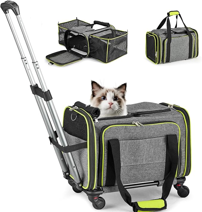Pet Carrier with Wheels for Cat and Small Dog, Expandable Airline Approved Pet Carrier for Animal Under 15 lbs, Rolling Cats Puppy Carriers Travel Bag for Traveling and Camping