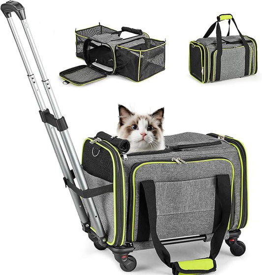 Pet Carrier with Wheels for Cat and Small Dog, Expandable Airline Approved Pet Carrier for Animal Under 15 lbs, Rolling Cats Puppy Carriers Travel Bag for Traveling and Camping