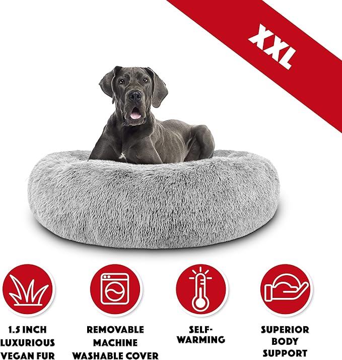 The Dog’s Bed Sound Sleep Donut Dog Bed, XXL Silver Grey Fur Calming Nest Bed Removable Cover