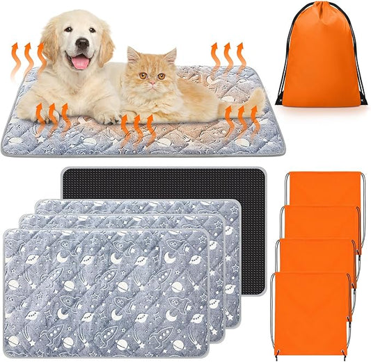 Riakrum 4 Pack Self Warming Cat Mat Heating Cat Bed 24" x 18" Thermal Dog Self Warming Pad Pet Heating Pad Non Slip Bottom Washable with Storage Bag for Indoor Outdoor Kitten Pet(24 x 35 Inches)