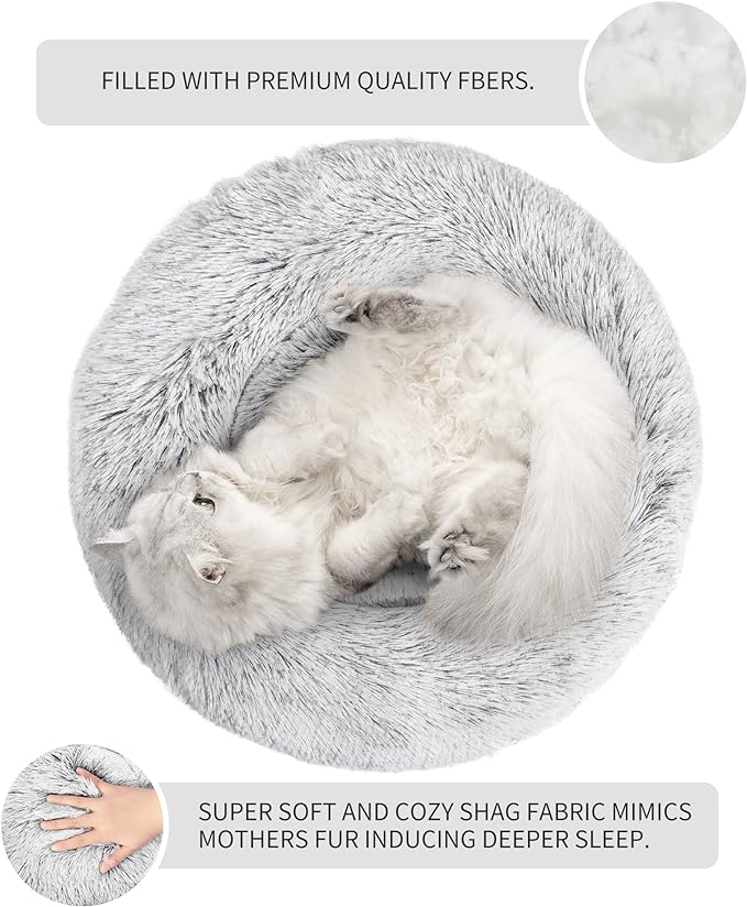 Love's cabin Calming Cat Bed for Indoor Cats, Anti-Anxiety Donut Round Dog Bed, Fluffy Faux Fur Washable Pet Bed for Small Medium Dogs and Cats,Grey,20in