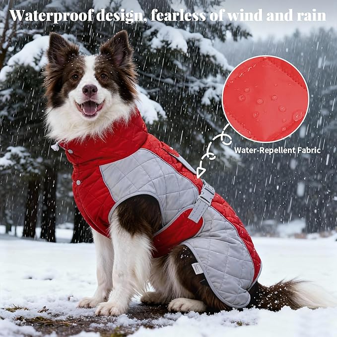 Dog Coat Dogs Winter Coat- Fleece Lined,Water-Resistant,Convertible Collar,Back Reflective Strip&Easy to Wear for Outdoor Walking Dog-Jacket(Red, X-Large)