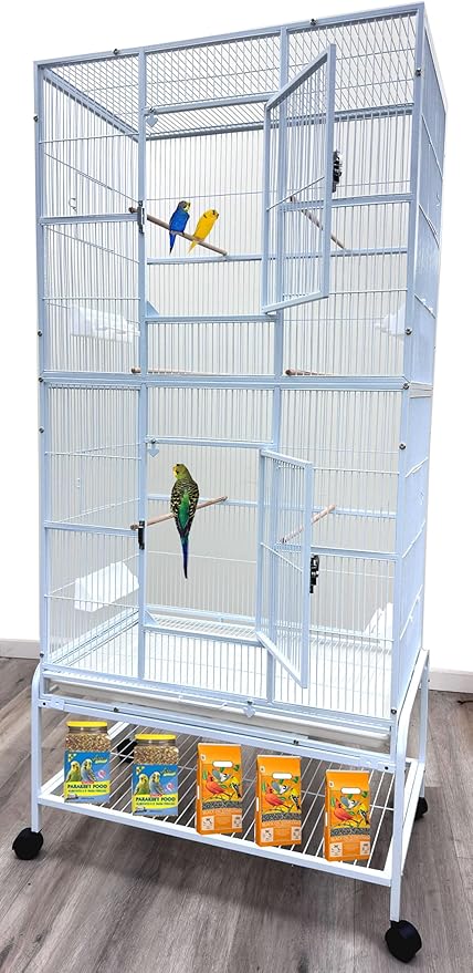 Extra Large Tall Wrought Iron Tight Bar Spacing Breeding Flight Canary Parakeet Cockatiel Lovebird Finch Metal Cage Side Nesting Box Doors with Removable Rolling Stand