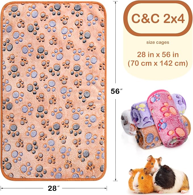 Reginary 4 Pcs Waterproof Guinea Pig Blankets Washable Small Animal Fleece Bedding Absorbent Guinea Pig Cage Liners Reusable Pet Pee Pad Sleep Mat for Hamster Ferret(Paw Print,28 x 56 Inch)