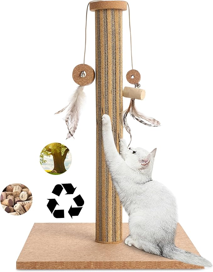 Natural Cork Cat Scratching Post with Feather Toy, 14.2 inch Stable Base, Eco-Friendly Scratch-Safe & Noise-Reducing for Claw Health, Fits Home Decor