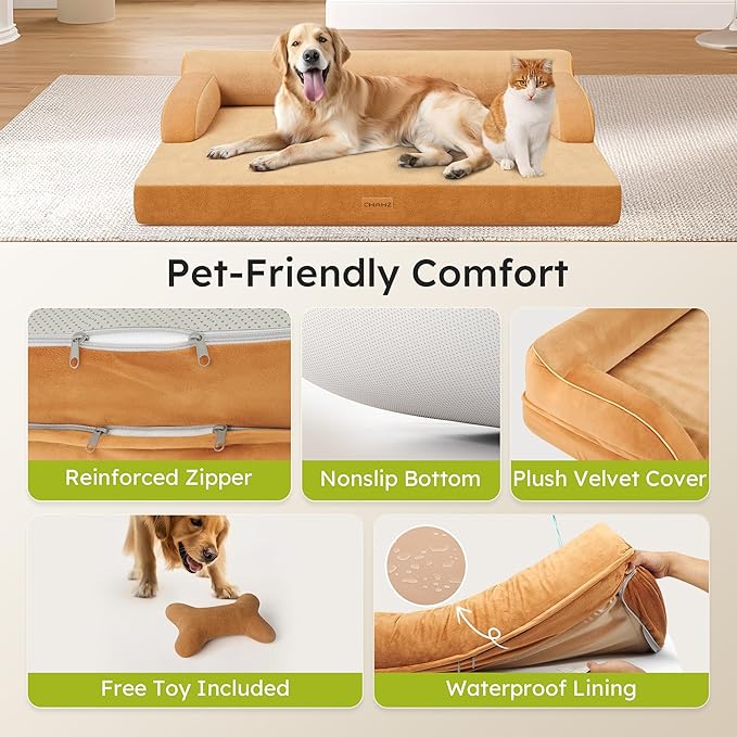 XXL Orthopedic Dog Bed, Big Dog Bed for Large Dogs, Dual-Sided Pet Cooling Beds with Memory Foam Washable Cover Nonslip Bottom, Waterproof Pet Couch with Bolsters, Brown