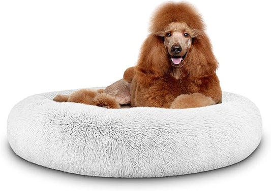 The Dog’s Bed Sound Sleep Donut Dog Bed, XL Silver Grey Fur Calming Nest Bed Removable Cover