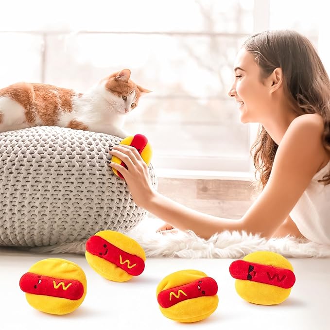 L1rabe Hot Dog Catnip Stuffed Toys - 5Pcs Funny Hot Dog Cat Toys Indoor Yellow Interactive Pet Supplies, Kitten Chew Bite Tools Cat Lovers Gifts, Organic Eco-Friendly Birthday Present