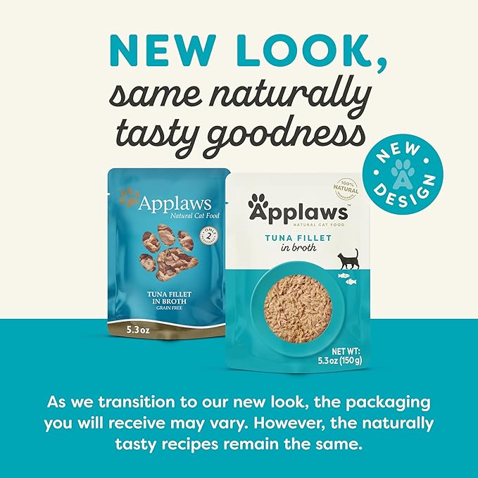 Applaws Natural Wet Cat Food in Broth, Limited and Natural Ingredients, High Protein with No Artificial Additives, Tuna Fillet in Broth (12 x 5.3oz Pouches)