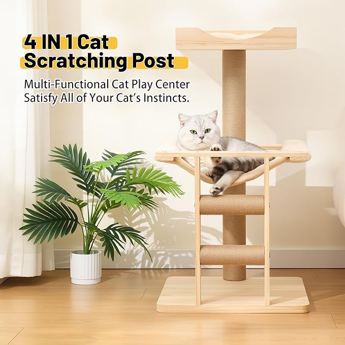 KVIDA Wooden Cat Tree for Large Cats – 35" Extra-Stable 3-Level Tower with Hammock, Oversized Perch & Thick Sisal Posts, Modern Solid Wood Cat Furniture for Indoor Multi-Cat Homes