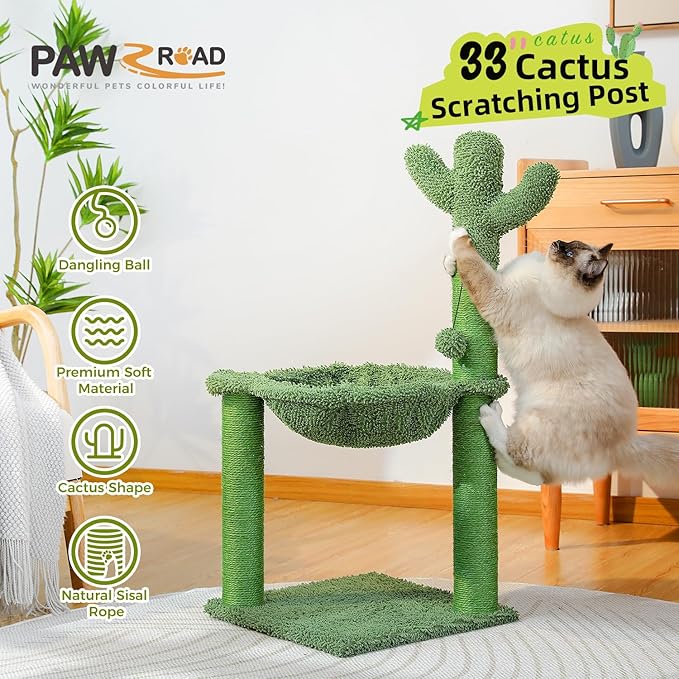 PAWZ Road Cactus Cat Tree, 33 Inchs Cat Tower with Large Soft Hammock and Fully Wrapped Sisal Scratching Post for Indoor Cats