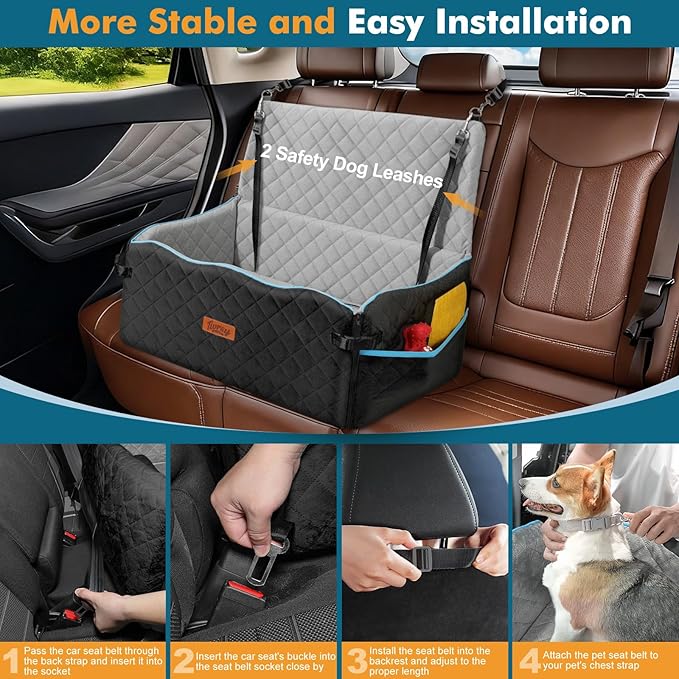 Large Dog Car Seat, Dog Car Bed for Large Dogs Under 60 lbs or 2 Small Breeds, Comfortable Pet Booster Seat with Memory Foam Thick Cushion, Detachable & Washable Pet Bed for Backseat, Black+Grey
