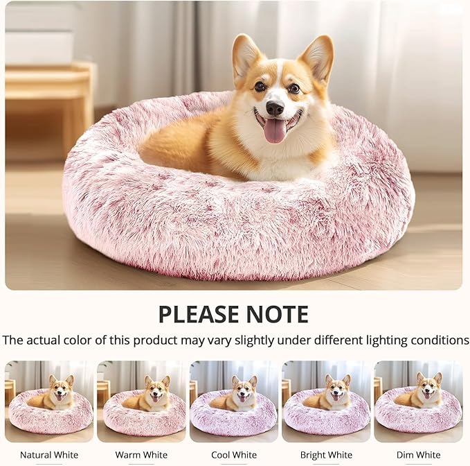 JOLLYVOGUE Medium Calming Dog Bed, Anti-Anxiety Donut Cuddler Cat Bed with Anti-Slip Bottom, Fluffy Faux Fur Machine Washable Pet Cushion for Medium Large Dog & Cat, 31"/Smoke Pink