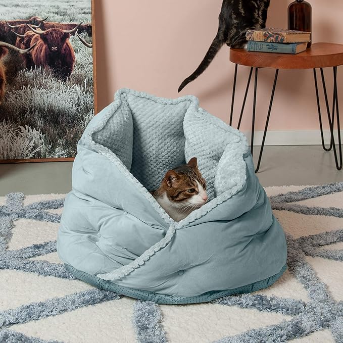 Furhaven 24" Round Pet Bed for Indoor Cats & Medium/Small Dogs, 100% Washable, For Pets Up to 35 lbs - Minky Plush & Velvet Hug Bed - Aquamarine, 24-inch