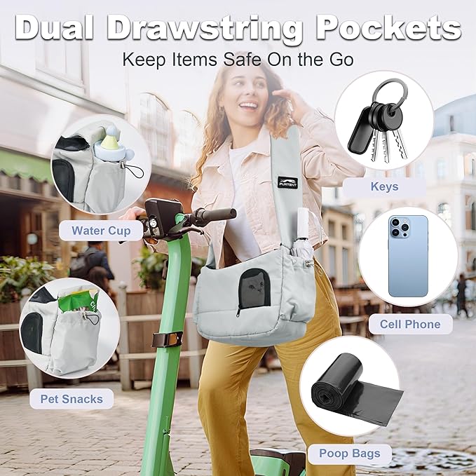 Dog Sling, Dog Carriers for Small Dogs up to 7 lbs Kitten and Puppy, Breathable Cat Carrier Sling Pet Purse with Pockets, Hands-Free Pet Carrier with Safety Harness for Travel, Gray