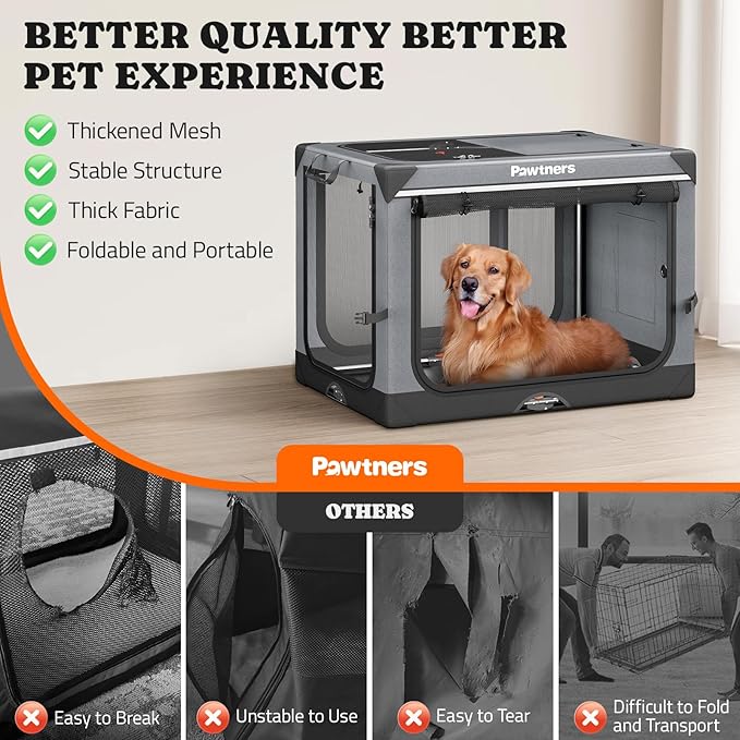 Collapsible Dog Crate: 42 Inch Foldable Soft Sided Dog Crate for Extra Large Dogs, Portable Dog Travel Kennel with Soft Mat for Indoors & Outdoors, Grey