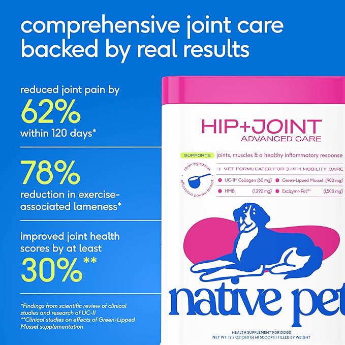Native Pet Advanced Care - Hip & Joint Supplement for Dogs - Supports Joints, Cartilage, Muscles & Anti-Inflammatory with HMB, UC-II Collagen, Green Lipped Mussel & Hyaluronic Acid - 60 Scoops