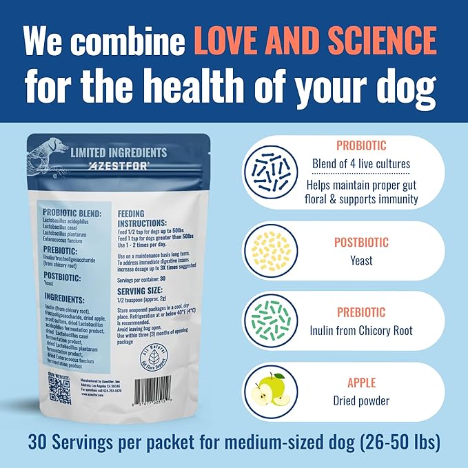 Azestfor Gut Health Supplement for Dogs – 3 in 1 Probiotic, Prebiotic & Postbiotic Blend – Supports Digestion, Immunity & Skin – Easy-to-Use Powder – for All Breeds & Sizes – 60g (30 Servings)