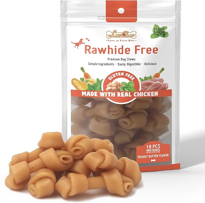 Premium Peanut Butter Dog Chew Bones, Rawhide Free, Gluten Free, Made with Limited Ingredients, Delicious, Healthy, Highly Digestible (Mini 18pcs/Pack)