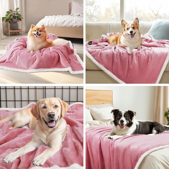 Luciphia Waterproof Bed Blanket Washable,Soft Sherpa Fleece Puppy Reversible Throw Blankets for Medium Large Dog Cat,Furniture Cover Protector Couch from Liquid Pee and Pet Fur,Pink White,65" x 57"