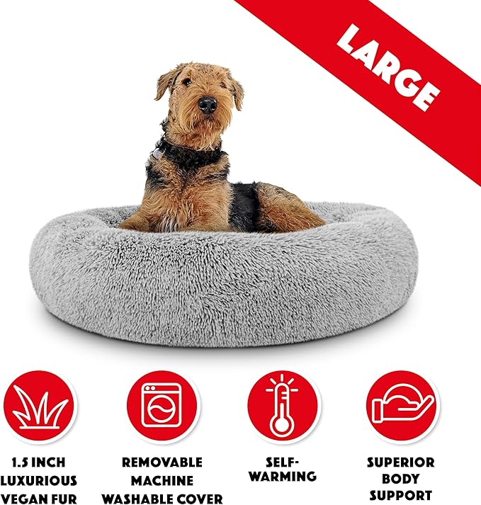 The Dog's Balls Dog Bed, Large Silver Grey Fur Calming Nest Bed
