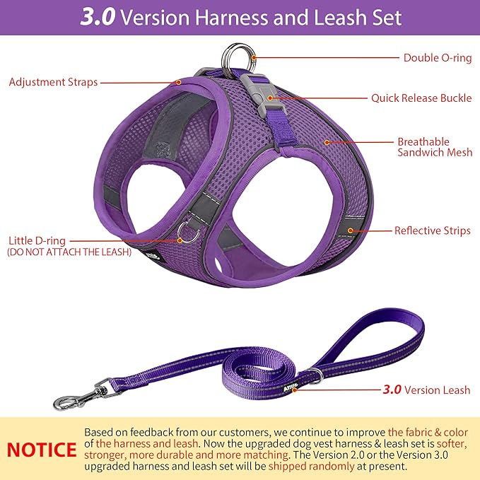 AIITLE Dog Harness, Summer No-Pull Cat Harness with a Leash, Adjustable Reflective Dog Vest, Cat Harness Escape Proof, Outdoor Walking, Camping for Extra Small Dogs and House Cats Pure Purple XXXS