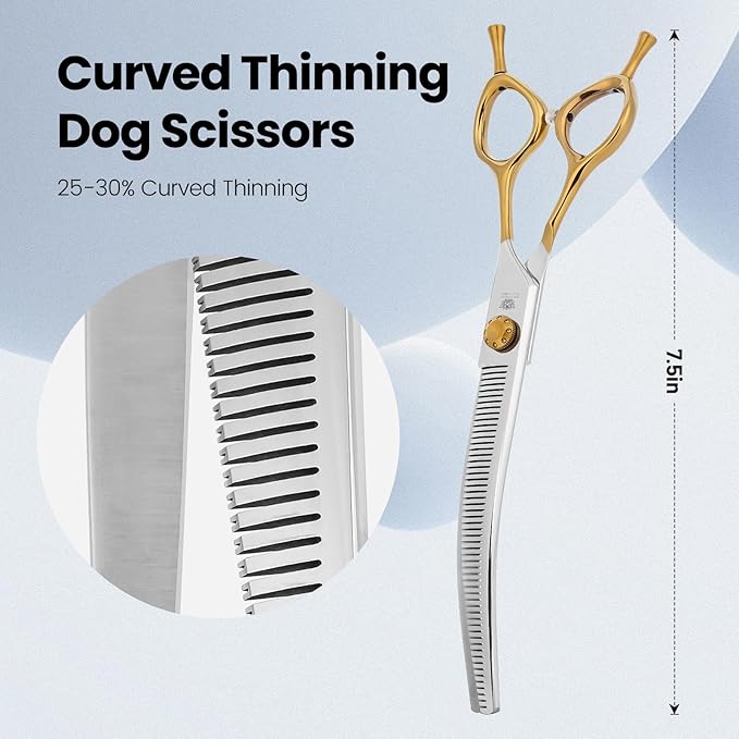 Curved Thinning Shears Professional Dog Curved 7.5 in Thinning Scissors Ergonomic Handle Design for thinning shears dogs Medium & Large Face and Paws