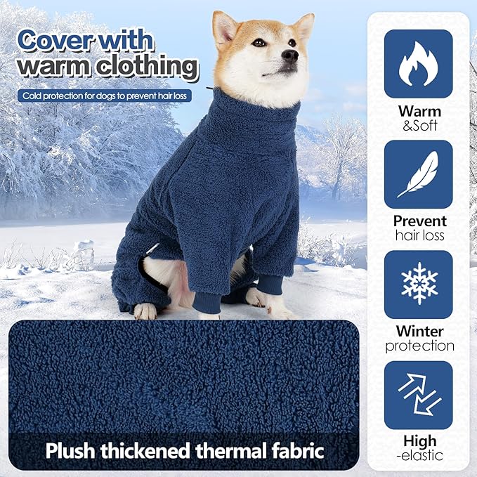 Dog Winter Coat, Warm Fleece Dog Jacket, Windproof Pullover Jumpsuit, Full Body Pajamas Onesie, Cold Weather Clothes for Medium Large Dog(Mediuml,NavyBlue)