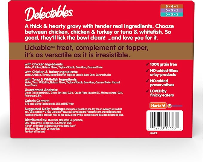 New! Delectables Lickable Treat Gravy Variety Wet Cat Treat & Food Topper, Food Topper, Hydrating, Grain-Free, No Fillers, No by-Products, No Added Preservatives, 1.4oz Pouch, 30 Pack