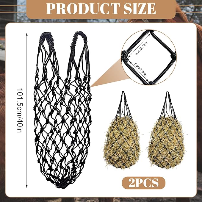 2 Pack Hay Bags for Horses, Large Slow Feed Hay Nets with Durable Mesh, Round Bale Horse Hay Feeder for Stable Stall Paddock