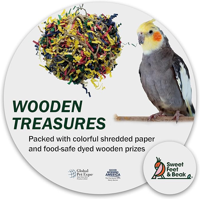 Sweet Feet and Beak Super Shredder Ball - Bird Cage Accessories to Keep Your Bird Busy Foraging for Hidden Treasures - Non-Toxic, Easy to Install Bird Foraging Toys for Large Sized Birds - 7 Inch