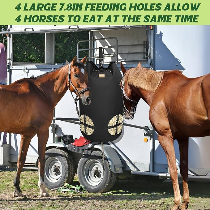 Hay Bags for Horses, Large Capacity Slow Feeder with Adjustable Top Opening, 4 Holes for Sheep, Goats, Donkeys