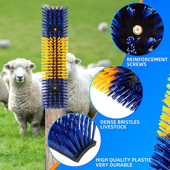 Livestock Scratch Brush for Cattle, Horses, Goats, Cow, Durable Scratching & Massage Grooming Tool for Healthy Coat, Relieves Itching, Easy Install on Fence Posts(2pcs, Yellow)