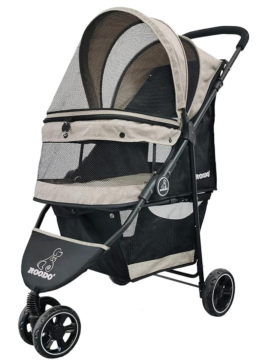 ROODO 3 Wheel Dog Pet Cat Stroller Best Lightweight Foldable Compact Portable Jogger All Terrain Travel Pet Gear Puppy Kitty Stroller for up to 30lbs Medium Small Dogs and Cats(Light Khaki)