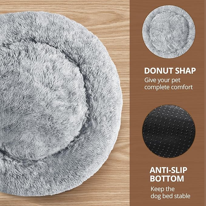 JOLLYVOGUE Large Calming Dog Bed, Anti-Anxiety Donut Cuddler Cat Bed with Anti-Slip Bottom, Fluffy Faux Fur Machine Washable Pet Cushion for Medium Large Dog & Cat, 36"/Smoke Gray