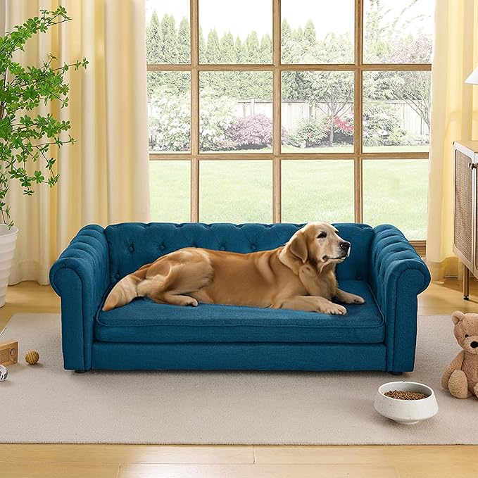 Dog Sofa Couch for Medium to Large Dogs, 55" Memory Foam Pet Sofa Couch with Washable Fabric, Durable Elevated Dog Bed with Legs, Removable Cushion for Medium Dogs, Blue