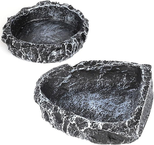 Reptile Water Dish Food Bowl for Bearded Dragon Tank Accessories, Reptile Rock Feeder for Tank 2 Pack Corner Resin Terrarium Bowl for Leopard Gecko Hermit Crab Tortoise Snake, Black