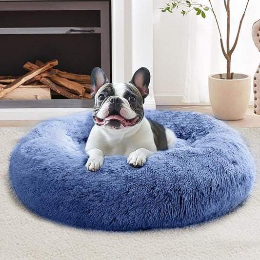 JOLLYVOGUE Calming Dog & Cat Bed for Small Dogs, Anti-Anxiety Donut Cuddler Cozy Soft Round Bed with Anti-Slip Bottom, Fluffy Faux Fur Plush Cushion Beds for Small Medium Pets (20")
