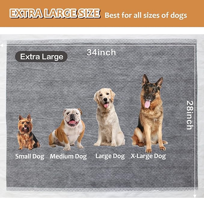 Dog Pee Pads Extra Large 28"x 34", 18 Count, Activated Carbon Charcoal Puppy Pads XL, Potty Pads for Dogs with Adhesive Sticky Tape, Disposable Training Bed Pads for Pets, Doggies, Cats