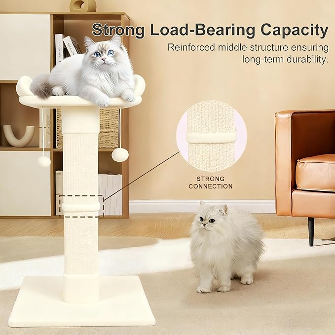 34" Cat Scratching Post for Indoor Cats, Sisal Cat Scratcher with Plush Perch and with Two Dangling Balls, Large Scratch Post with Bed, Removable Cover, Sisal Fabric