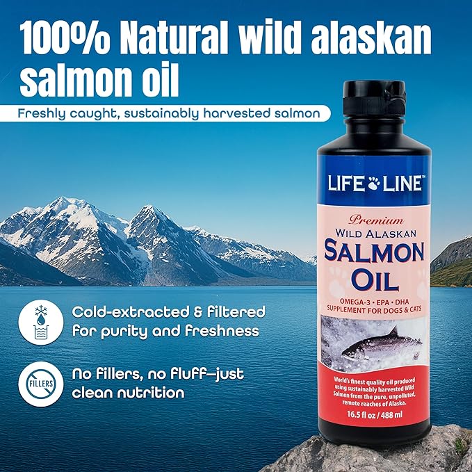 Life Line Wild Alaskan Salmon Oil for Dogs & Cats | Omega-3 DHA & EPA Supplement for Skin, Coat, Brain, and Heart Support – 16.5 Oz